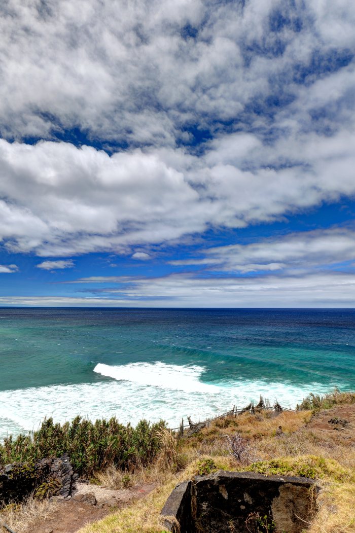 Onde dell'oceano che si infrangono su una costa rocciosa con vegetazione secca